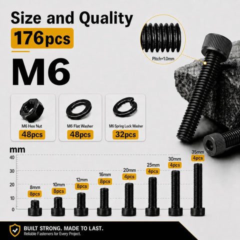 Massive M6 Screws Kit With 176 Pieces Including M6x8, M6x10, M6x12, M6x16, M6x20, M6x25, M6x30, M6x35mm Hex Socket Bolts Nuts And Washers 12.9 Grade Alloy Steel Black Oxide Anti Rust Heavy Duty Rugged Fit For Quick Snug Assemblies