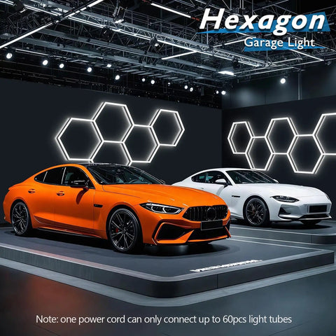 Hexagon LED Honeycomb Garage Light System 192W 23040LM Ultra Bright 6500K White Ceiling Lights illuminating cars