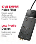 8 Outlet USB Wall Tap Surge Protector Power Strip With 2 USB Ports featuring 47dB noise filter and low profile design