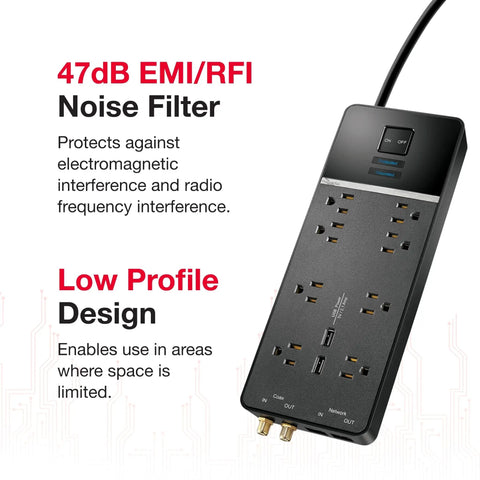 8 Outlet USB Wall Tap Surge Protector Power Strip With 2 USB Ports featuring 47dB noise filter and low profile design