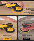 Kickin Up Dust Free Surfaces With This Beefy Electric Random Orbital Sander That Features Shop Vac Hookup Plug In Cord And Sharp Ceramic Discs For Tight Woodworking Jobs demonstrating emergency and instant stop features.
