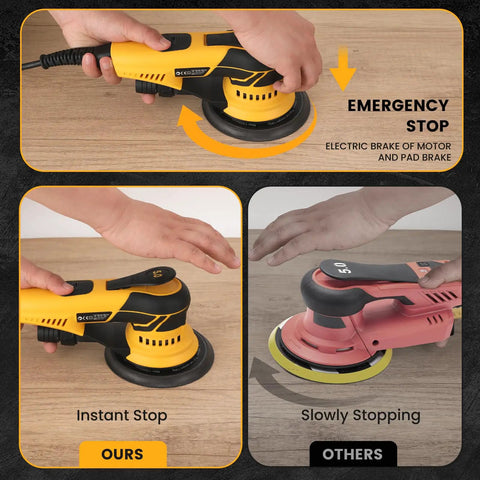 Kickin Up Dust Free Surfaces With This Beefy Electric Random Orbital Sander That Features Shop Vac Hookup Plug In Cord And Sharp Ceramic Discs For Tight Woodworking Jobs demonstrating emergency and instant stop features.