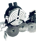 3 Slot 6 Inch Rotary Table with Double Bolt Tailstock and Steel Dividing Plates Set for Milling Machines, shown from angle