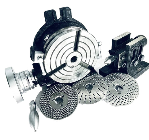 3 Slot 6 Inch Rotary Table with Double Bolt Tailstock and Steel Dividing Plates Set for Milling Machines, shown from angle