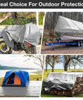 Heavy Duty Waterproof Tarp 10 By 10 Feet 16 Mil Multipurpose Shelter Cover protecting motorcycle, boat, tent, and firewood outdoors.