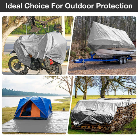 Heavy Duty Waterproof Tarp 10 By 10 Feet 16 Mil Multipurpose Shelter Cover protecting motorcycle, boat, tent, and firewood outdoors.