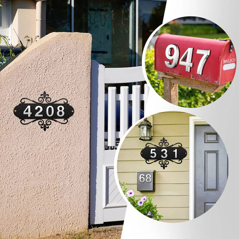 13.8 Inch Iron Address Plaque With Ten 2.75 Inch House Numbers For Outdoor Use Durable Metal Address Sign For Home Garden Mailbox Wall Decor Easy DIY Customizable Decorative Wall Plaque displaying various house numbers on walls and mailbox.