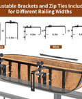 24 Inch Railing Planter With Adjustable Brackets Window Box With Coco Liner Hanging Flower Metal Planter For Indoor Outdoor Use On Balcony Deck Fence Porch Patio Black Set Of 2 Heavy Duty Rust Proof No Fuss showing adjustable brackets for different railing widths.