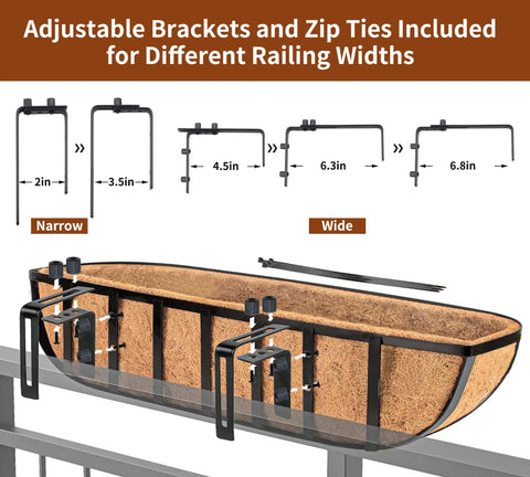 24 Inch Railing Planter With Adjustable Brackets Window Box With Coco Liner Hanging Flower Metal Planter For Indoor Outdoor Use On Balcony Deck Fence Porch Patio Black Set Of 2 Heavy Duty Rust Proof No Fuss showing adjustable brackets for different railing widths.