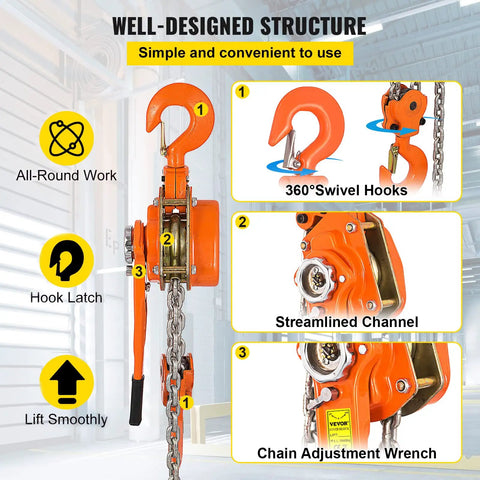 3/4 Ton Lever Chain Hoist With 1650 Lbs Capacity, 10 Ft Chain Come Along and Heavy Duty Hooks in workshop setting