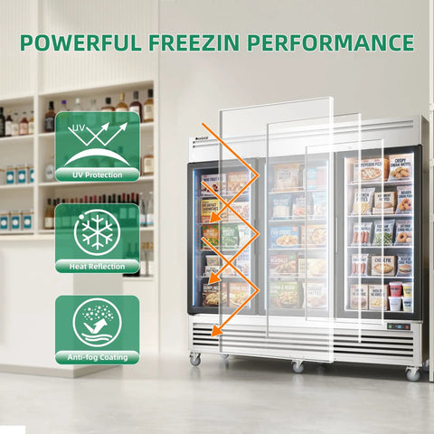 Heavy Duty Three Door Glass Display Freezer Keeps Your Store Inventory Chill No Sweat With Auto Defrost Digital Temperature Control Stainless Steel Upright Merchandiser Cooler For Bars And Retail Shops showcasing powerful freezing performance features.