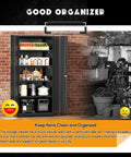 72 Inch Black Steel Locking Cabinet With Doors And 4 Adjustable Shelves, storing kitchen items in a garage setting