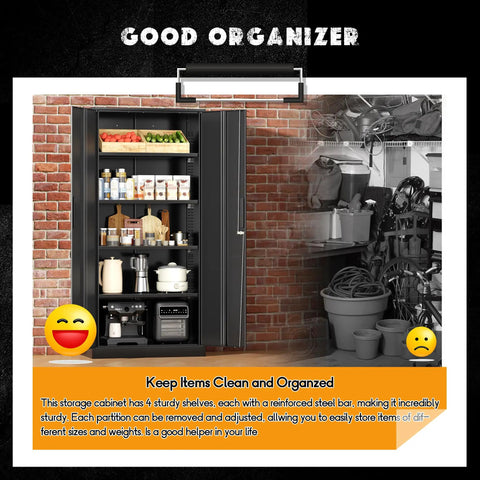 72 Inch Black Steel Locking Cabinet With Doors And 4 Adjustable Shelves, storing kitchen items in a garage setting
