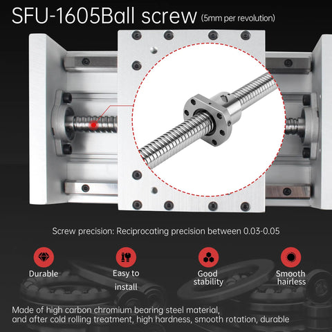 Boss Level Xc150 Cnc Linear Stage Motion Actuator Featuring 400Mm Zero Flex Track with SFU-1605 ball screw detail.