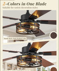 Close-up of 48 Inch Farmhouse Ceiling Fan With Remote And Light Vintage Caged Design Walnut Blades in dark and light finishes.