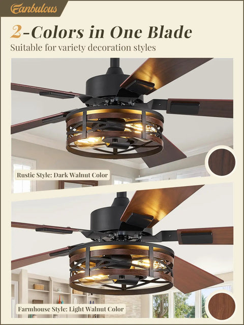 Close-up of 48 Inch Farmhouse Ceiling Fan With Remote And Light Vintage Caged Design Walnut Blades in dark and light finishes.