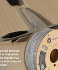 Lightweight Grey PLA Filament 1.75mm 0.8kg for 3D Printing spool with printed drone component, PolyLite Low Density PLA, 0.9 g/cm3 density.