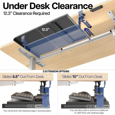 Large Height And Width Adjustable Under Desk Keyboard Tray With C-Clamp Mount System demonstration of 12.3-inch clearance