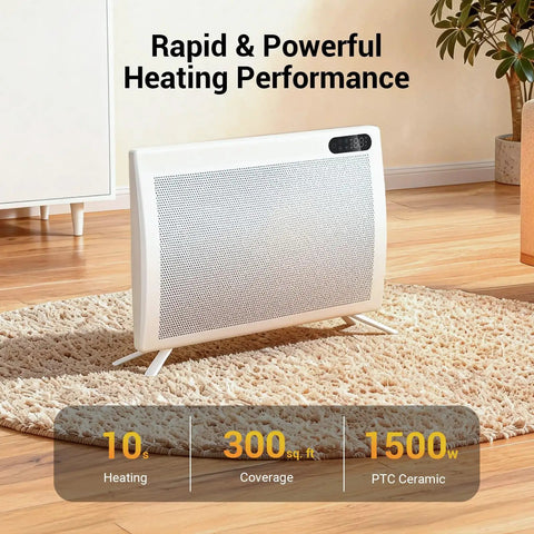 1500W Smart Space Heater With Thermostat, Remote Control And Timer, Safety Lock, Fast Heat For Home Workshop Or Garage, Heats Up To 300 Sq Ft With Convection And Radiant Hot Air, placed on a rug.