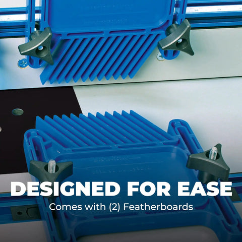 Pro Shop Grade Twin Pack Featherboards For Table Saw And Router Featuring Wedge Lock Mount for miter slots with blue composite frame.