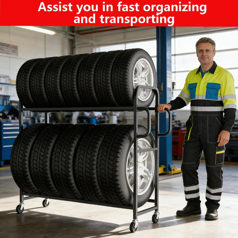 Heavy Duty Tire Rack With Adjustable Crossbars And Slick Swivel Casters Real American Heavy Lifter For Garage Organization Featuring Reinforced Carbon Steel Build Supporting Up To Five Hundred Pounds Hassle Free