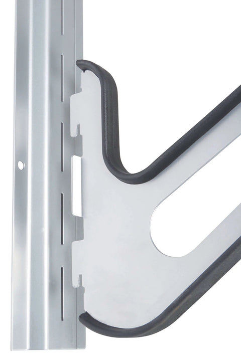 Close-up of Heavy Duty Board Sports Wall Mount Storage Rack with rubber padded fingers and silver metal frame.