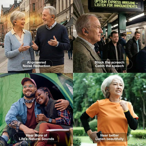 F1P Bluetooth OTC Hearing Aids For Seniors And Adults With Hearing Loss Featuring AI Voice Enhancement, Noise Reduction, Personal Sound App, Invisible Rechargeable Design, 30 Hour Battery, Crystal Clear Chats For TV And Everyday Listening in use in various environments with individuals hearing clearly.