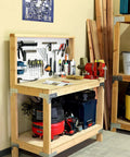 Workbench And Shelving Hardware Kit With RTC2Z Corner Connectors And Wafer Head Screws, tools organized on pegboard.