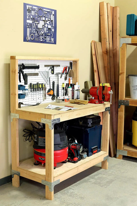 Workbench And Shelving Hardware Kit With RTC2Z Corner Connectors And Wafer Head Screws, tools organized on pegboard.