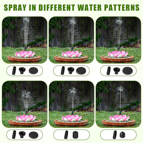 Two Pack Solar Water Fountain Pumps with Water Lily Sprout Nozzles for bird bath in different spray patterns