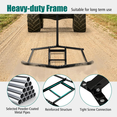 66 Inch Wide Tow Behind Driveway Drag Harrow With Reinforced Bars for ATV UTV Garden Tractors on dirt road, showing frame details