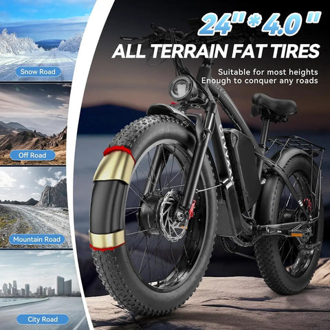 Close-up of Beast 6000W Dual Motor Ebike all-terrain 24 inch fat tire with lockable suspension, suitable for snow and off-road.