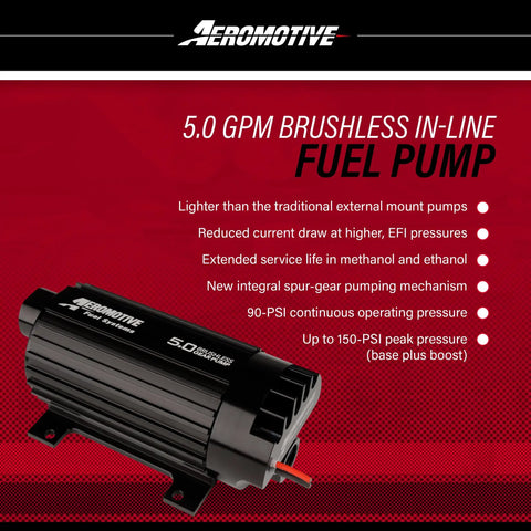 Tough As Nails Brushless Inline Fuel Pump 5.0 GPM High Output 12V Electric with spur gear drive on a red background.