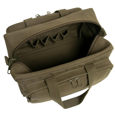 Open Mechanic Tool Bag With Heavy Duty Olive Drab Canvas Construction, Zipper Pockets, And Rugged Carry Handles, interior view.