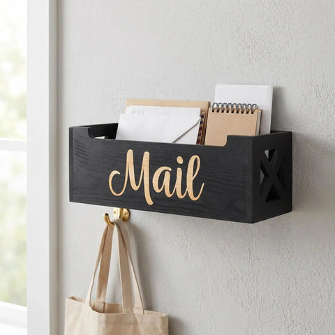Wood Wall Mount Mail Organizer Keeps Envelopes Bills Letters And Cards Neatly In One Sweet Spot Ideal Home Office Storage Eleven Point Zero Two By Three Point Nine Four Inches Modern Minimalist Desk Box, showing a black wood mail holder with "Mail" text, mounted on a white wall above a hook with a bag.