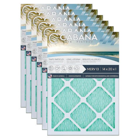 Six Pack 14x20x1 MERV 13 Air Filters for AC Furnace, traps dust, pollen, pet dander, smoke in home and office indoor HVAC systems.