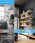 Comparison image showing before with cluttered garage and after with neat room using Six Inch Floating Shelf Brackets White 90 Degree Hidden L Shaped Heavy Duty Iron Hardware Supports For Wood Shelves Rustproof Finish Pack Of 6 Industrial Grade Mounting Brackets