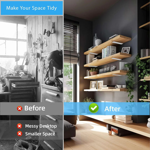 Comparison image showing before with cluttered garage and after with neat room using Six Inch Floating Shelf Brackets White 90 Degree Hidden L Shaped Heavy Duty Iron Hardware Supports For Wood Shelves Rustproof Finish Pack Of 6 Industrial Grade Mounting Brackets