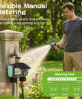 Person using Two Zone Solar Water Timer For Garden Hose With Auto Manual Rain Delay Modes by outdoor faucet.