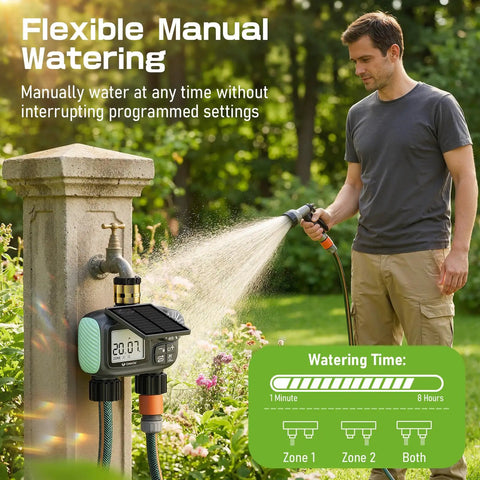 Person using Two Zone Solar Water Timer For Garden Hose With Auto Manual Rain Delay Modes by outdoor faucet.
