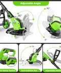 Cordless Weed Wacker With Wheels 12 Inch Cutting Path Stringless And Battery Powered showing adjustable angle and safety features