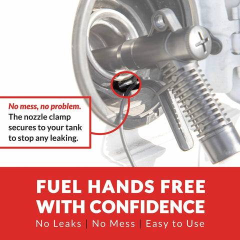Fast 3.8 GPM Battery Powered Fuel Transfer Pump With Auto Stop Nozzle Dual Power AA Or USB C showing nozzle clamp detail