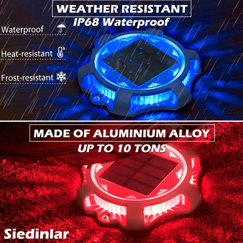 Solar Deck Lights Outdoor 12 Pack Two Modes Blue and Red Waterproof Pathway Markers in aluminum, weather-resistant design.
