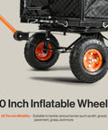 10 inch inflatable wheels of Heavy Duty Steel Garden Cart Beast With 660 Pound Hauling Capacity for all terrain mobility.