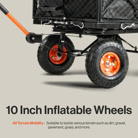 10 inch inflatable wheels of Heavy Duty Steel Garden Cart Beast With 660 Pound Hauling Capacity for all terrain mobility.