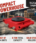 4 Piece Heavy Duty Machinery Skates Set With 8 Ton Total Load Capacity, Each Unit Handles Up To 2 Tons, Built For Smooth Cargo Moving And Industrial Equipment Handling. Red steel machinery skate with rollers in warehouse