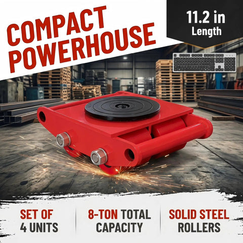 4 Piece Heavy Duty Machinery Skates Set With 8 Ton Total Load Capacity, Each Unit Handles Up To 2 Tons, Built For Smooth Cargo Moving And Industrial Equipment Handling. Red steel machinery skate with rollers in warehouse