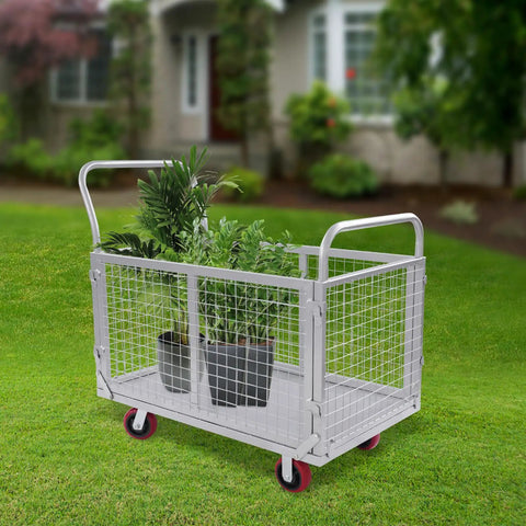 4 In 1 Beefy Heavy Duty Platform Cart With Cage 40 By 24 Inches 440 Lb Capacity Foldable Steel Hand Cart With 5 Inch Swivel Casters Detachable Mesh Push Dolly For Garage Storage And Shop Organization, loaded with potted plants on lawn