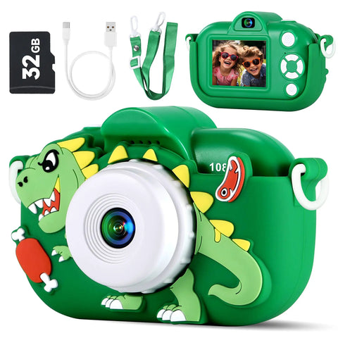 Awesome 48MP Dual Lens Kid Camera For Ages 3 To 9 With 1080P HD Video Selfie 32GB SD Card Included, green dinosaur design