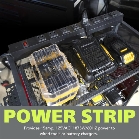 Power Tool Cart With Battery Charging Station And Eight Outlet Power Strip Mobile Garage Workbench on wheels with battery chargers